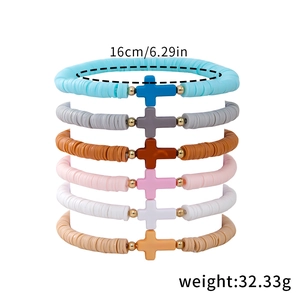 Set of 6 bohemian stretch heishi bead bracelets with cross charms and gold accents