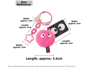 Detailed dimensions of pink plush ball keychain with star charm and colorful beads
