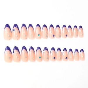24pcs Blue French Almond Press on Nails with Silver Hearts Stars and Rhinestones