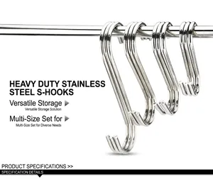 Heavy-duty stainless steel S-shaped hooks in various sizes hanging on a metal rod