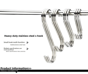 Heavy-duty stainless steel S-shaped hooks in various sizes hanging on a metal rod