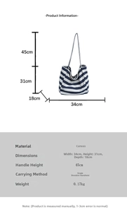 Detailed size guide and specifications for the striped canvas tote bag dimensions