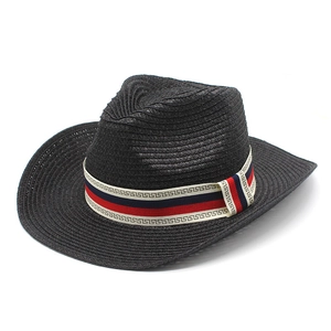 Men's western cowboy straw hat in black with a red, white, and blue striped band