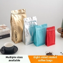 Detail view of colorful coffee bags with one-way valves and zippers in four sizes