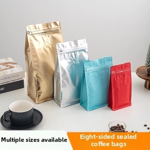 Flat bottom food pouches with zippers in four metallic colors and tiered sizes