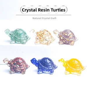 Set of six colorful turtle resin figurines with natural crystal stones for desk decor