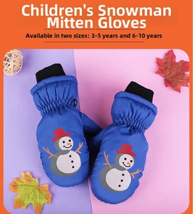 Close-up of blue waterproof snowman gloves with knitted cuffs for kids aged 3-10