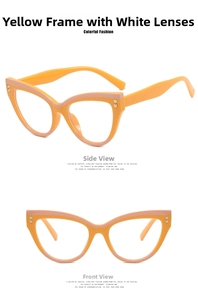 Detailed views of cat-eye glasses frame with yellow-beige splicing and metal rivets