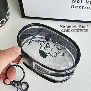 Detail showing waterproof transparent PVC storage bag with cartoon pattern and metal clip