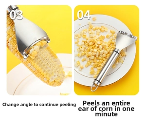 Detailed view of stainless steel corn peeler showing efficient grain removal on a plate