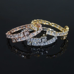 Three-color hip hop bangles set in gold, silver, and rose gold with square zircon stones
