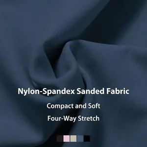 Three-piece yoga set in brushed gray-blue nylon spandex with 4-way stretch fabric