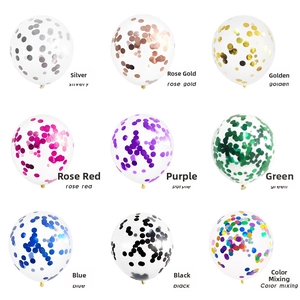 Detailed grid view showing nine colors of 12-inch clear balloons with metallic confetti