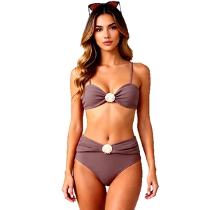 Mauve solid color bikini set with white shell details and high-waisted bottoms