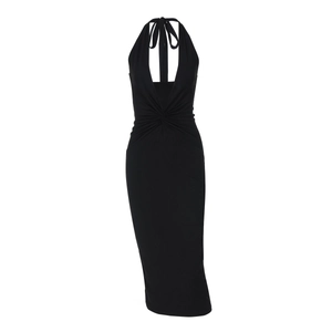 Detail of black halter neck dress featuring a deep V-neckline and twist front detail