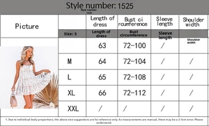 Size chart showing S to XL dimensions for this ruffled floral print strappy dress