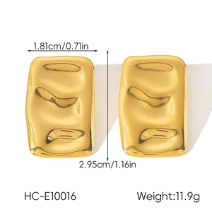Detail view of 18K gold plated rectangular earrings with textured finish and measurements