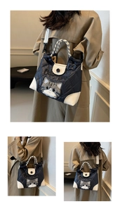Detail shots of blue quilted tote bag with cat plush and woven handles from three angles
