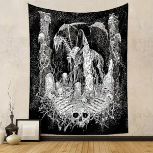 Gothic Grim Reaper Tapestry Polyester Wall Hanging Dark Art Skull Cemetery Skeleton Horse Black White Home Bedroom Decor