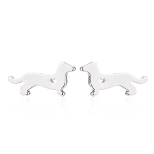 Minimalist stainless steel dachshund stud earrings with hollow heart detail in silver
