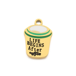 Golden enamel coffee cup charm pendant with 'LIFE BEGINS AFTER coffee' engraving
