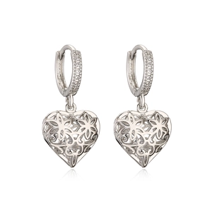 Hollow heart dangle earrings in silver plating with sparkling cubic zirconia accents