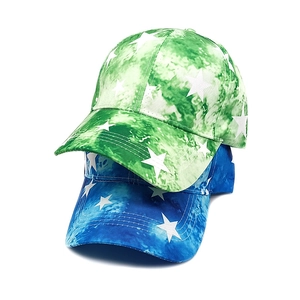 Tie-dye baseball cap with white star print in green and blue colors for outdoor sun protection