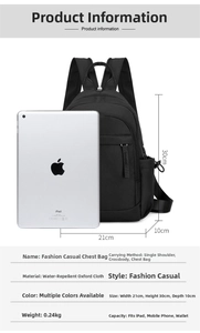 Detail view showing dimensions and features of the black waterproof nylon multifunctional backpack.