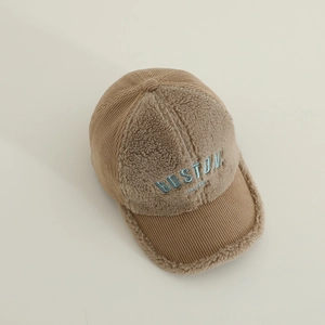 Brown fleece-lined corduroy baseball cap with blue BOSTON embroidery for winter warmth