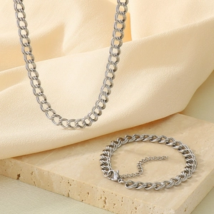 Polished silver stainless steel interlocking curb chain necklace and bracelet set