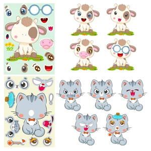 DIY cartoon animal stickers featuring cow and cat characters with various facial accessories