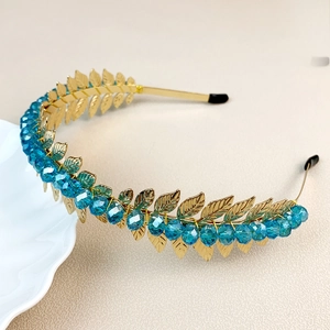Handmade golden leaf headband with blue crystal beads for women, elegant hair accessory