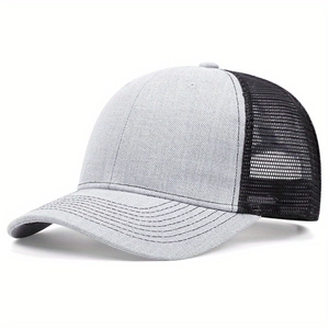 Light gray and black two-tone trucker hat with breathable mesh and curved brim