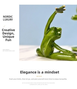 Detail of a green yoga frog resin ornament with realistic water drop texture for decor