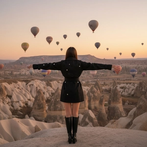 Robe blazer noire cintrée et bottes hautes avec montgolfières au coucher du soleil