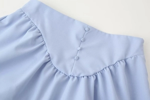 Detail of light blue pleated skirt waist with decorative fabric buttons and V-stitching
