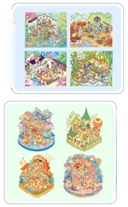 Detail view of 3D miniature scene stickers with fairy tale and traditional motifs