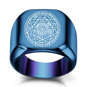Polished blue square stainless steel signet ring with engraved Seven Archangels symbols