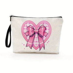 Portable checkered heart and bow canvas cosmetic bag with black zipper and wristlet strap
