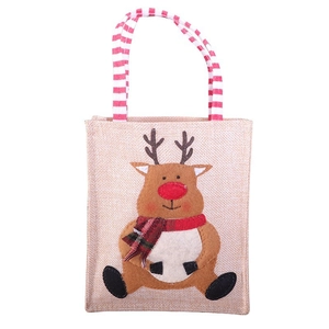 Sac cadeau de Noël en lin avec motif renne 3D et poignée à rayures festives