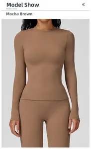 Slim fit long sleeve yoga top in mocha brown with high elastic athletic fabric