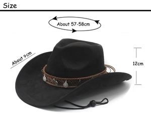 Western black felt cowboy hat size chart with brim and height dimensions in inches