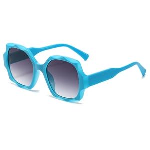 Sky blue bohemian style wavy square sunglasses with grey purple gradient lenses