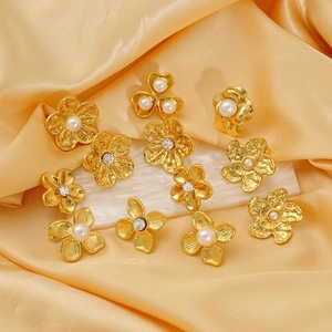 French Retro Flower Stud Earrings 18K Gold Plated 304 Stainless Steel With Artificial Pearl Zircon Elegant Jewelry For Women