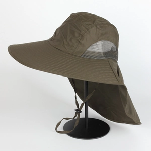 Outdoor wide brim sun hat with neck flap and breathable mesh panels in olive green
