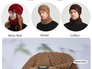 Detail view of winter knit hat and neck warmer set with warm fleece lining in three colors