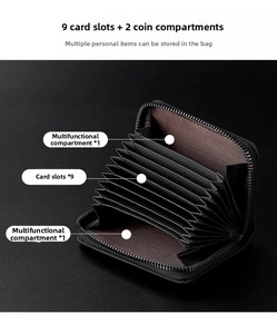 Internal view of black card holder with 9 slots and 2 compartments with zipper