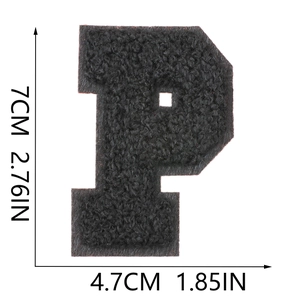 Detailed view of black chenille letter P patch with size 7cm height measurements