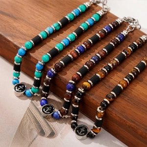 Bracelets pour hommes en lapis-lazuli naturel et oeil de tigre avec pendentif ancre argent