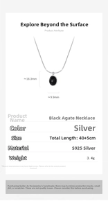 Detail showing S925 silver black agate necklace dimensions and 16.3mm oval pendant size